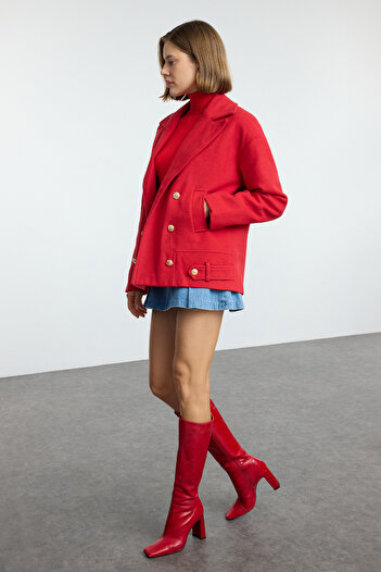 Trendyol Collection Soft Textured Red Short Coat - Button Detail, Twoaw25kb00091