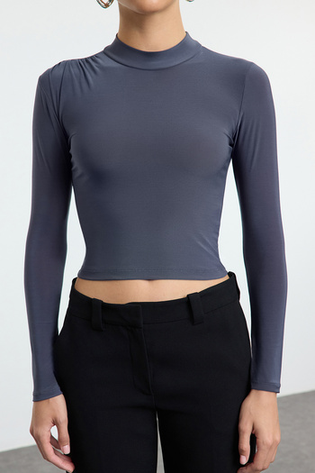 Trendyol Collection Flexible Dark Gray Knitted Crop Blouse - Stand Collar and Drawstring Detail, Fitted Twoaw23El01391