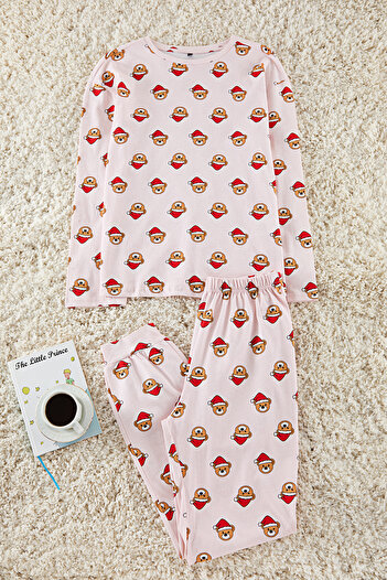 Trendyol Collection New Year's Themed Pink Knitted Pajamas Set - 100% Cotton with Teddy Bear Thmaw25Pt00169