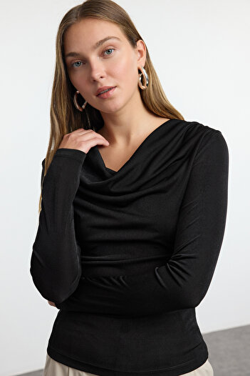 Trendyol Collection Flexible Long Sleeve - Degaje Collar Black Knitted Blouse Twoaw25Bz00252