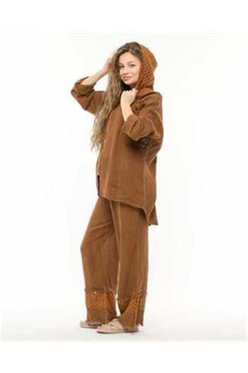 Bohem Stil Italian Scalloped Detailed Linen Trousers Hooded Jacket Set