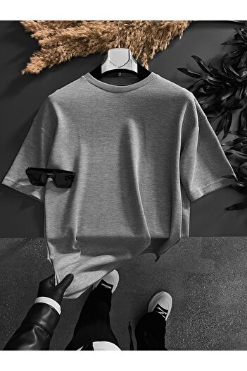 ablukaonline Men's Long Fit Textured Basic T-Shirt Gray