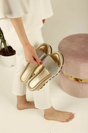 Ccway Women's Wedge Heeled Stone Slippers Gold Mirror
