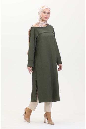 sefamerve Khaki Tunic 5105-04 - Stripe Front and Wrap Fabric