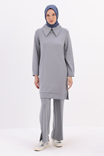 ALLDAY Gray Collar Chain Embroidered Tunic