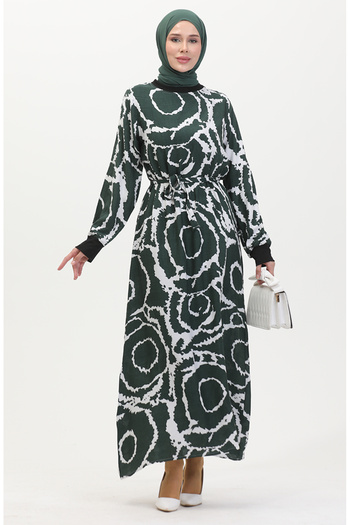sefamerve Khaki White Viscose Dress - Rib Detailed and Belted 0447A-01