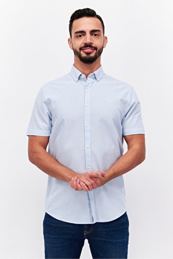 Threadbare Men Spread Collar Short Sleeves Embroidered Casual Shirts, Sky Blue