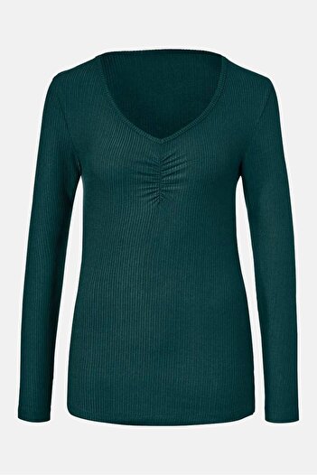 Tchibo Women V-neck Long Sleeve Plain Top, Green
