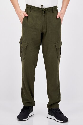 Threadbare Men Regular Fit Solid Cargo Pants, Army Green