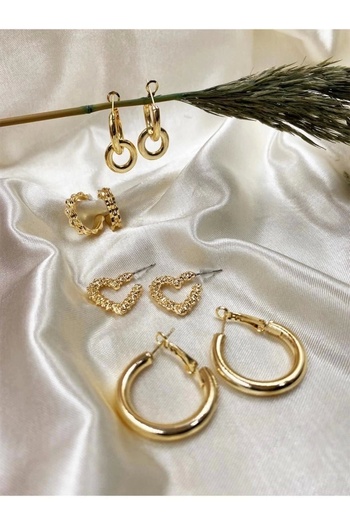 Eylülün Takısı Gold Color 4 Pairs of Hearts, Swing, Clips and Design Earrings