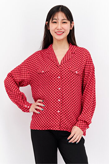 Etam Women Notched Collar All Over Print Pajama Top, Red Combo