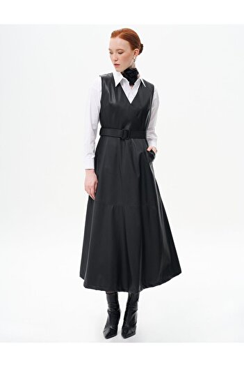 Kayra Black Faux Leather Gilet - Belt Detailed