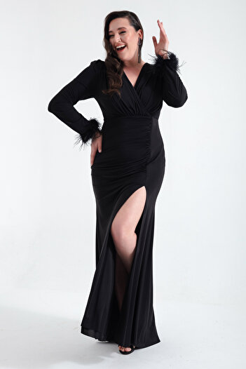 Lafaba Women's Black Double Breasted Collar Sleeves Feather Slit Plus Size Evening Dress