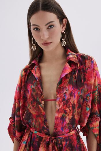 Feu De Elu Seille Desenli Uzun Saten Sabahlık / Kimono