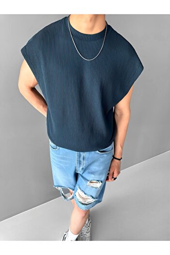 ablukaonline Ανδρικό αμάνικο μπλουζάκι Petrol Blue Oversize - Κοτλέ