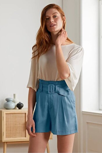 Tchibo Women Plain Belted Shorts, Light Blue