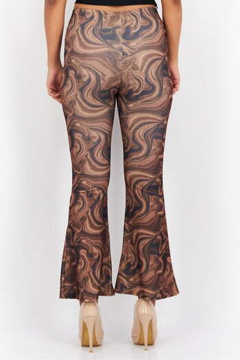 New Look Women Petite Marble Print Pull-On Flare Leg Pants, Brown Combo