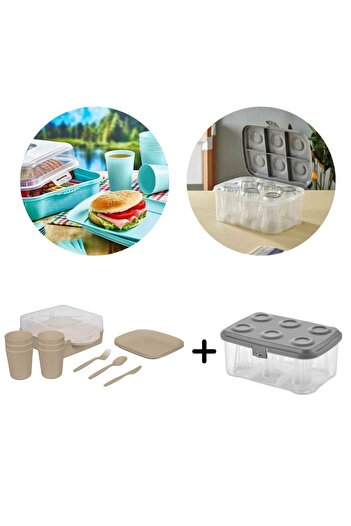 Piev Urve 6-Person Camping Travel Picnic Set and Tea Cup Carrying Apparatus Container 2 in 1 Cappucci
