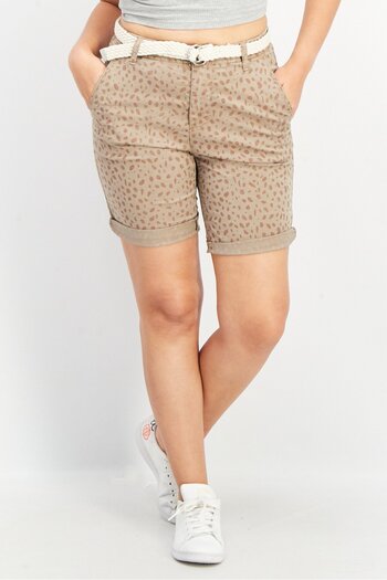 Esprit Women Belted Allover Print Shorts, Brown