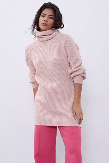 SHERIN Pembe Balıkçı Yaka Oversize Triko Tunik