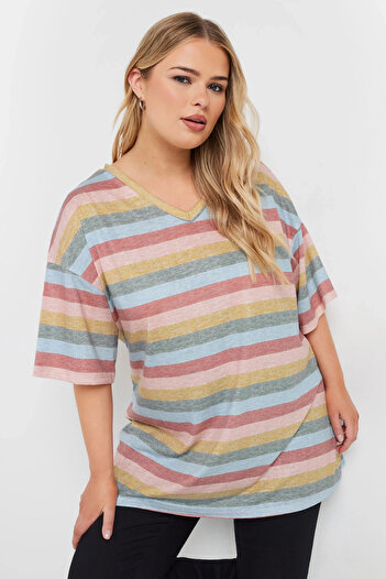 Stil Diva Large Size V-Neck Short Sleeve Striped T-Shirt 303524