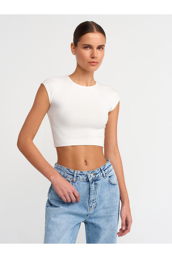 Dilvin 30528 Cotton and Modal Mixed Crop Top-Ecru
