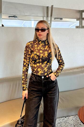 Swist Black Yellow Crispy Patterned Long Sleeve Tulle Transparent Women's Blouse