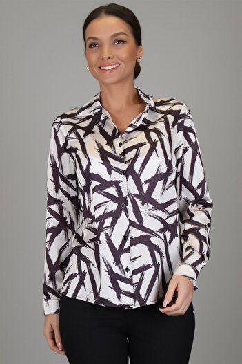 SWEETNESS Women's Ecru Black Patterned Lycra Satin Long Sleeve Evening Dress Shirt Dk 1003