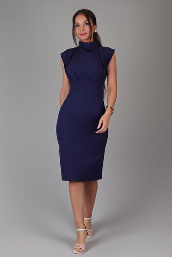 SWEETNESS Navy Blue Women's Dress with Stand Collar and Pleat Detail