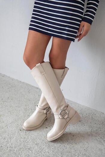 STRASWANS Legend Women's Belt Detail Rider Leather Boots Beige