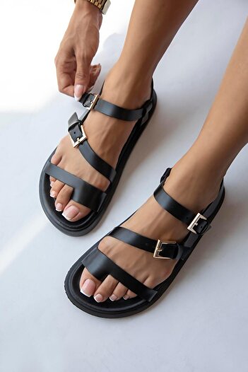 STRASWANS Black Leather Mira Women's Flip Flops Sandals