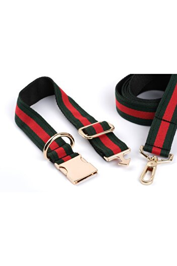 Pawsim Red - Green Stripe Dog Collar and Walking Strap Set. 3 cm Dog Collar