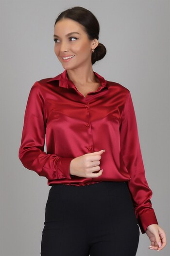 SWEETNESS Women's Burgundy Satin Long Sleeve Evening Dress Shirt