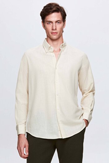 D'S Damat Ds Damat Comfort Beige Button Collar Relaxed Fit Linen Look 100% Cotton Shirt