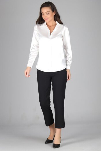 SWEETNESS Women's Off-White Satin Long Sleeve Evening Dress Shirt