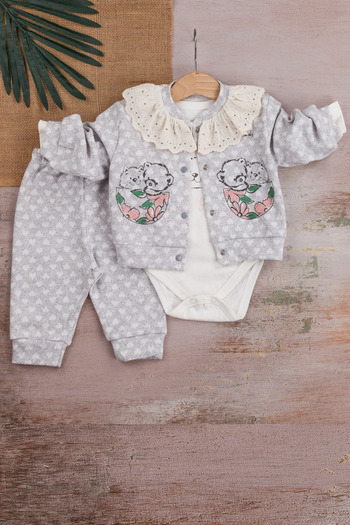 Babydonat Brode Embroidered Heart Patterned 3-piece Cardigan Girl Baby Set