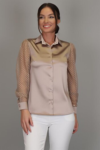 SWEETNESS Women's Dark Beige Satin Tulle Sleeve Evening Dress Shirt