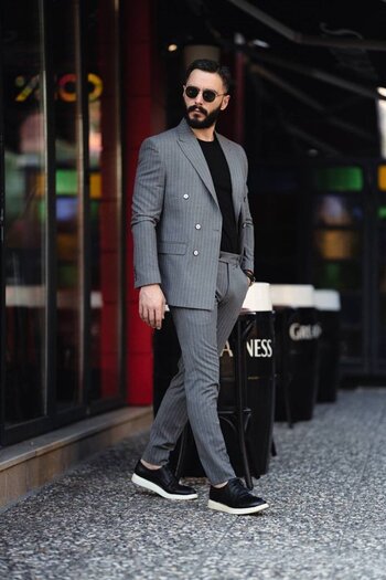 Salihtarzz Italian Cut Double Breasted Men's Dark Gray Suit - Slim Fit SD4857