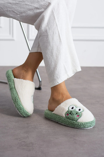 NOVİNS Frog Patterned Plush Women's House Slippers - Quiet and Comfortable Sole