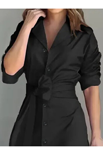 Femella Women Fashion Kadın Uzun Kollu Eteği Fırfırlı Beli Kuşaklı Trikoton Tam Boy Gömlek Kışlık Elbise