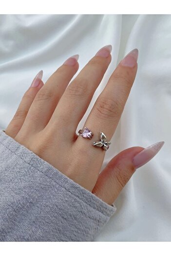 Eylülün Takısı Kadın Gümüş Renk Ayarlanabilir Pembe Taş ve Kelebek Model Yüzük