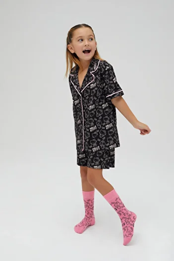 Hello Kitty Licensed Button-Down Black Girls' Short-Sleeved Shorts 100% Cotton Pajamas Suit Roz-250C