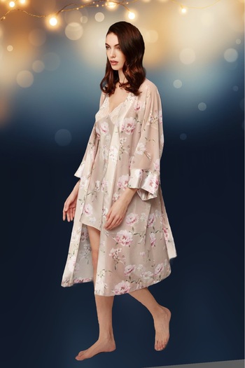 Bonnie Clyde Floral Printed Satin Women's Nightgown and Dressing Gown Set - By.3.N.O.777.Vac.O.B2Y/7