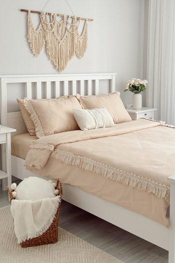 RİTMOHOME King Size Oversize Double Light Beige Frilly Scalloped Cotton Retro Series Duvet Cover Set