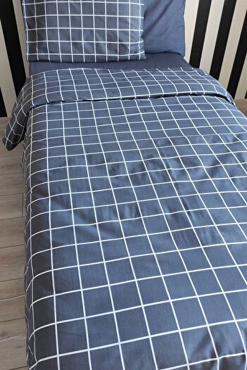 CANDAN ÇEYİZ Cotton 4 Piece Checkered Anthracite Young Duvet Cover Set with Elastic Sheets (Gift)