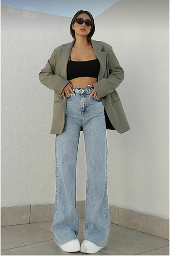 TRENDNATUREL Edna Gold Ikon 90's Açık Mavi Kar Likralı Süper Extra Yüksek Bel Palazzo Salaş Jean Pantolon