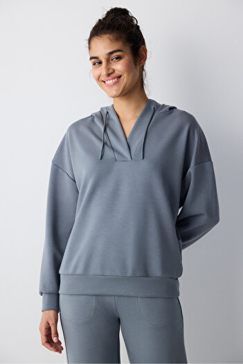 Penti Gray V-Neck Hooded Silky Touch Sweatshirt