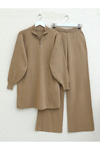 Modamorfo Half-Neck Zippered Knitwear Set - Mink