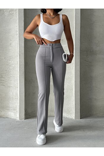 BEJNA Gray High Waist Ribbed Palazzo Women's Trousers - Flared Leg