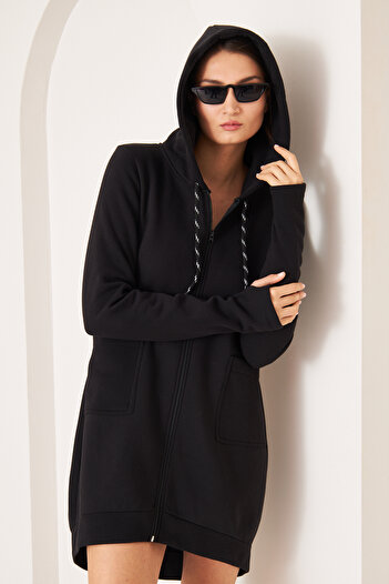 KİM Kİ O Women's 3 Yarn Charted Finger Plug Hooded Pocket Long Tunic Sweatshirt